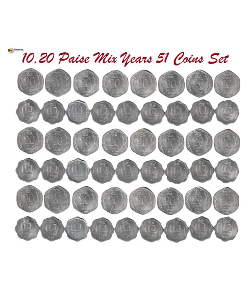     			(51Pcs) 10,20 Paise India Mix years Rare 51 Pcs Coins Set in Good Condition