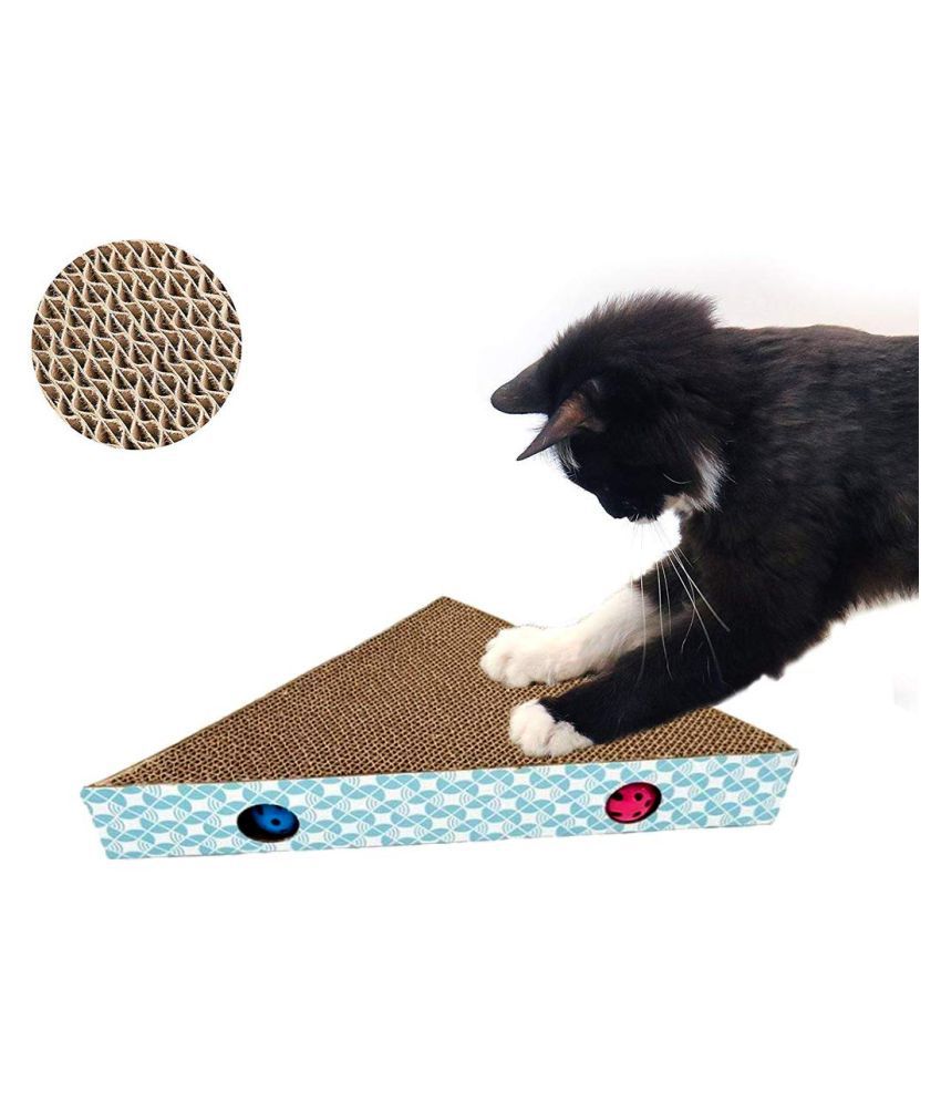 KOKIWOOWOO Corrugated Cardboard Traingle Shape Cat Scratcher Kitty Scratching Pad Scratch Lounge Bed with Natural Catnip Bell Ball Toy
