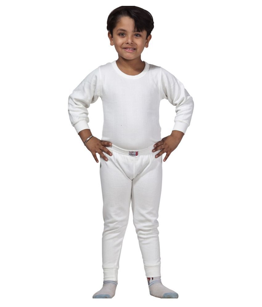     			Lux Inferno Boys & Girls White Round Neck Full Sleeves Upper & Lower Thermal Set - Pack of 1