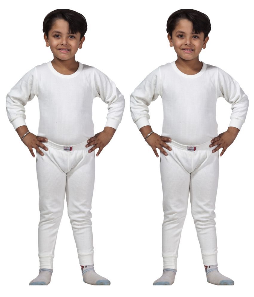     			Lux Inferno Boys & Girls White Round Neck Full Sleeves Upper & Lower Thermal Set - Pack of 2