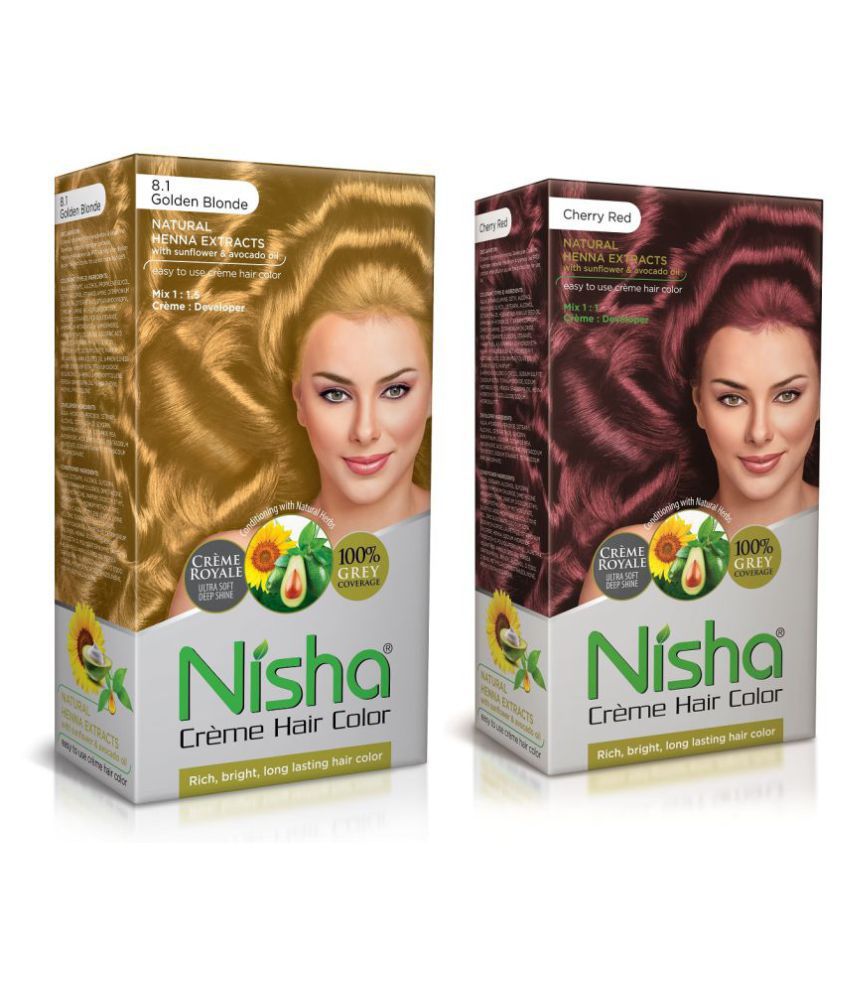     			Nisha Cream Hair Color 100% Grey Coverage Permanent Hair Color Golden Blonde and Cherry Red 150 mL Pack of 2