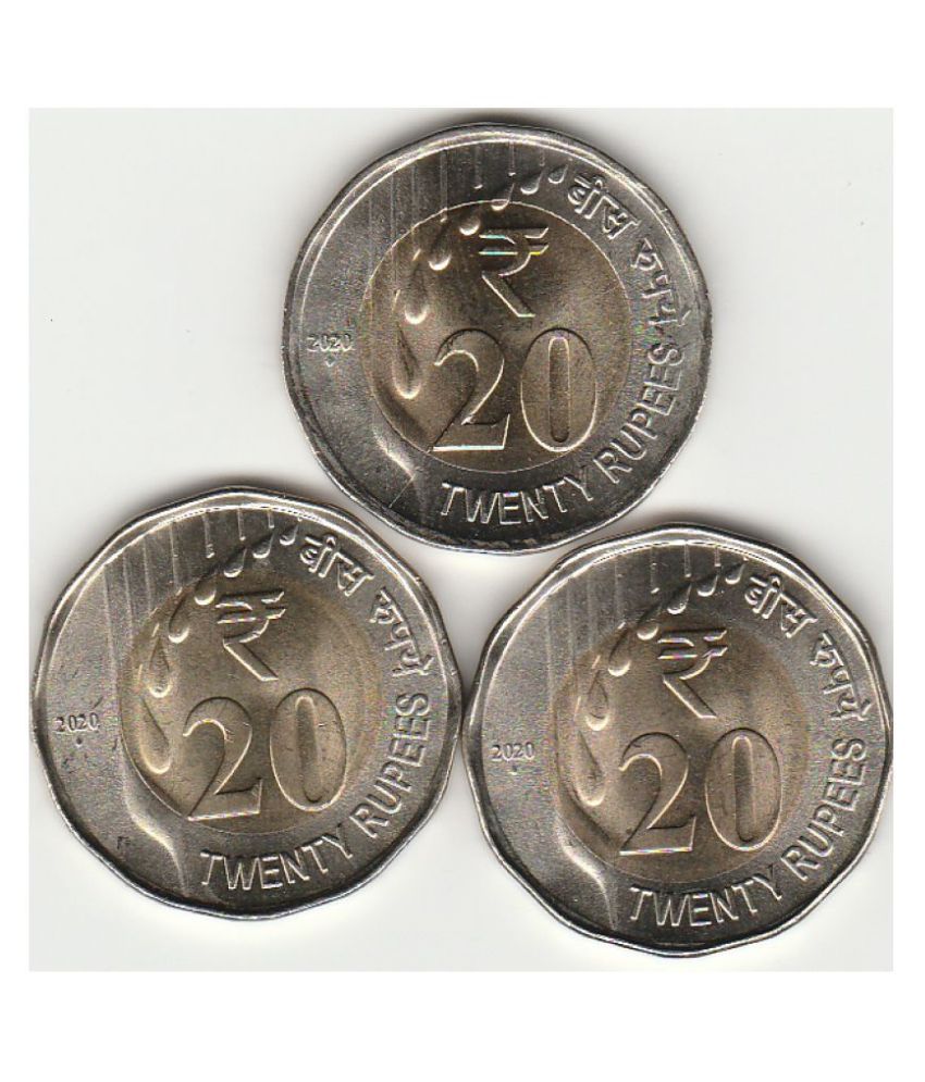     			NEW DESIGN COINN ,20 RS YEAR-2020 Set Of 3 Coins - TPTAL THREE COINN SET GEM UNC COINN VERY HARD TO FIND IN CIRCULATION TOO EARLY, FEELINGS TOO GOOD TO SEE COINN IN YOUR HANDS.