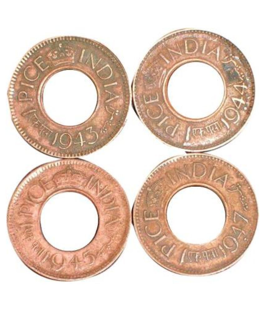     			PE - 4 Years 1943 - 1944 -1945 & 1947 ONE Pice Hole Copper Coin - Total 4 Coins