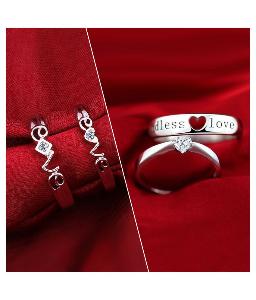     			Silver Shine Silver Plated Adjustable Couple Rings Set for lovers Solitaire for Men and Women 2 Pair