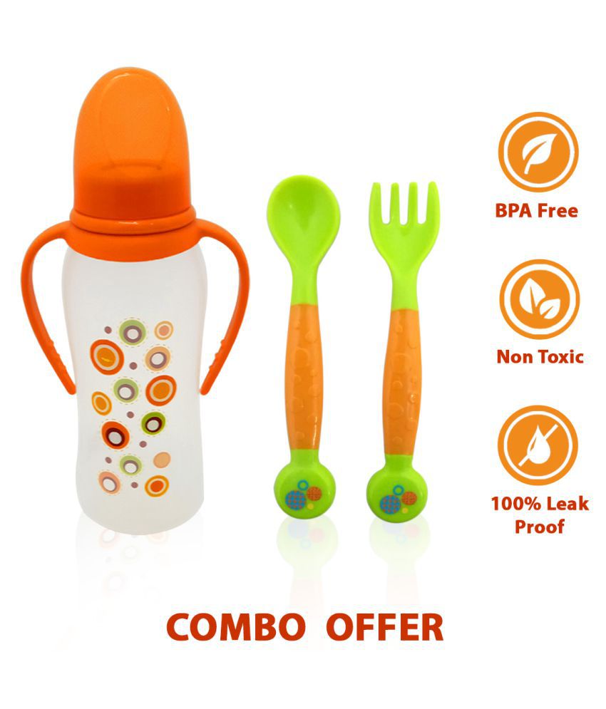 Combo of Baby Feeding Bottle and Self Feeding Training Spoon and Fork