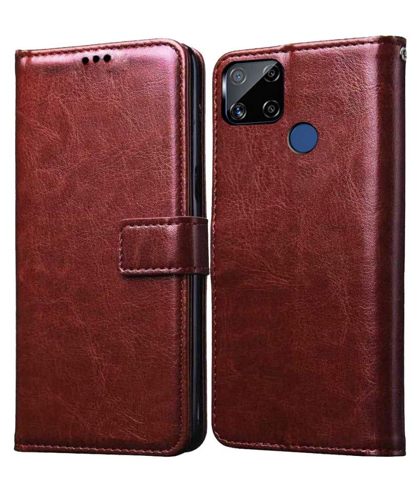     			Realme C15 Flip Cover by NBOX - Brown Viewing Stand and pocket