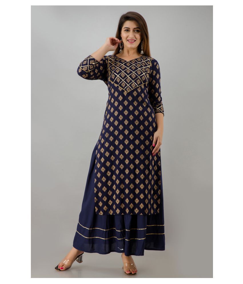     			SVARCHI - Navy Blue Straight Rayon Women's Stitched Salwar Suit ( Pack of 1 )