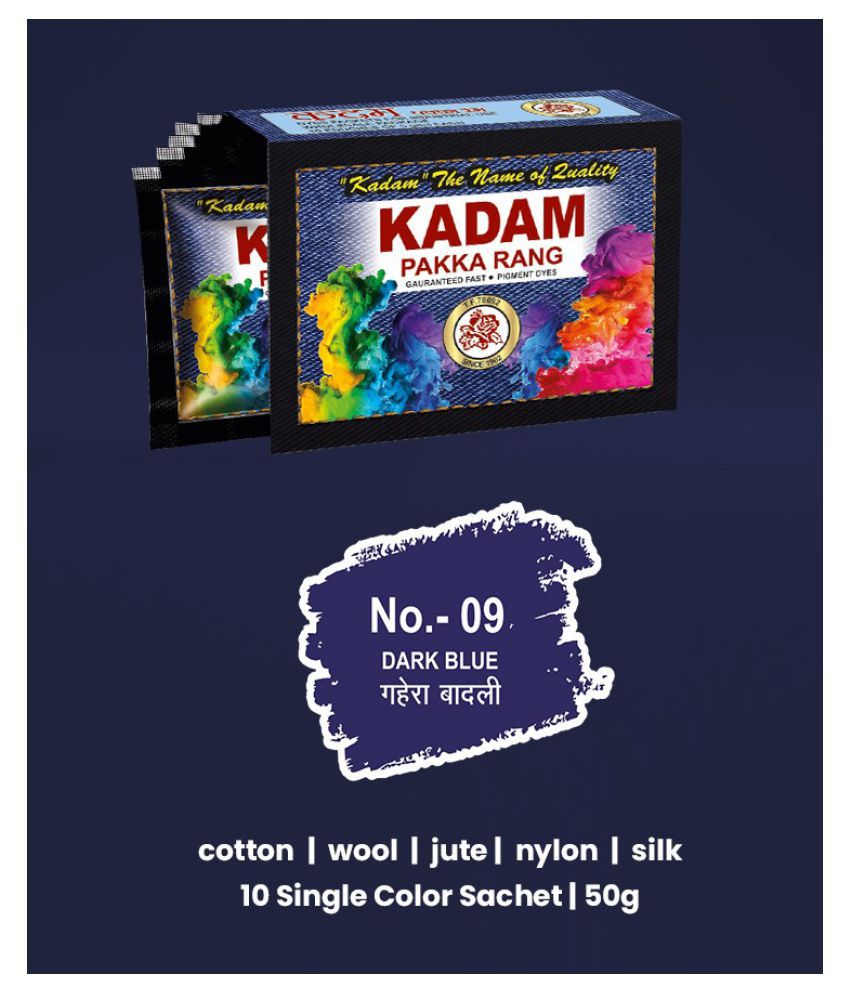 KADAM Fabric Dye Colour, Shade 09 Dark Blue, Pack of 10 Single Color Pouches