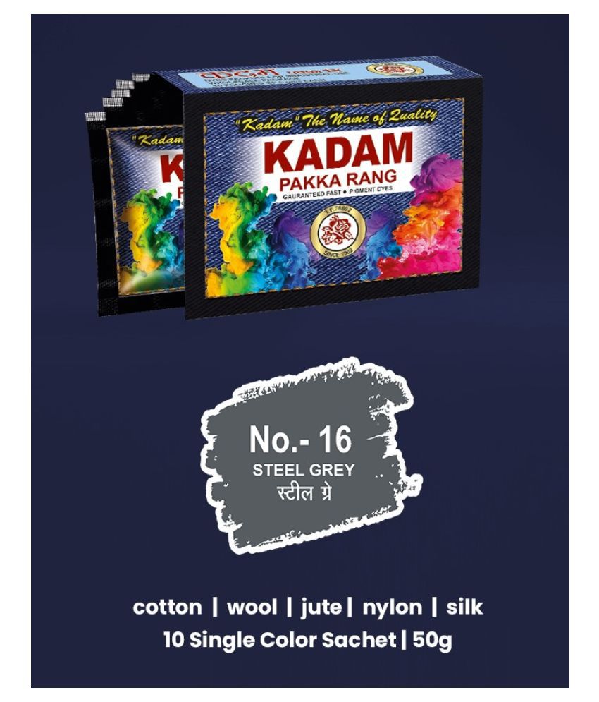 KADAM Fabric Dye Colour, Shade 16 Steel Grey, Pack of 10 Single Color Pouches