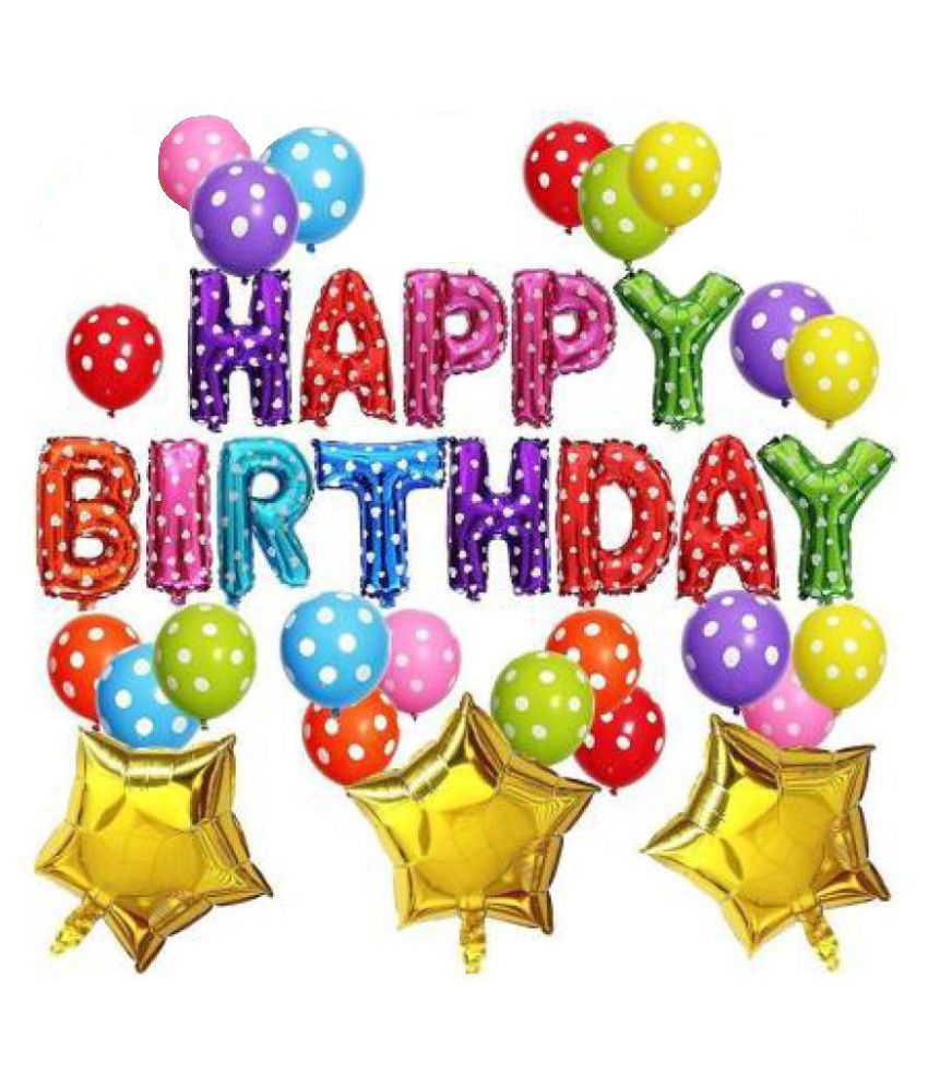    			Kiran Enterprises Happy Birthday Multi Dotted Letter Foil Balloons + 3 Pcs Golden Stars + 30 Pcs Polka Dot Party Decoration Balloons (Multicolour)