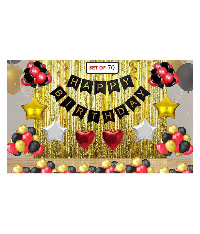 Blooms Mall 70pcs  Birthday Celebration Combo  Happy birthday Banner + Multi Metallic Balloons + Theme foil Balloons and Golden Fringe Curtains (Pack of 70)