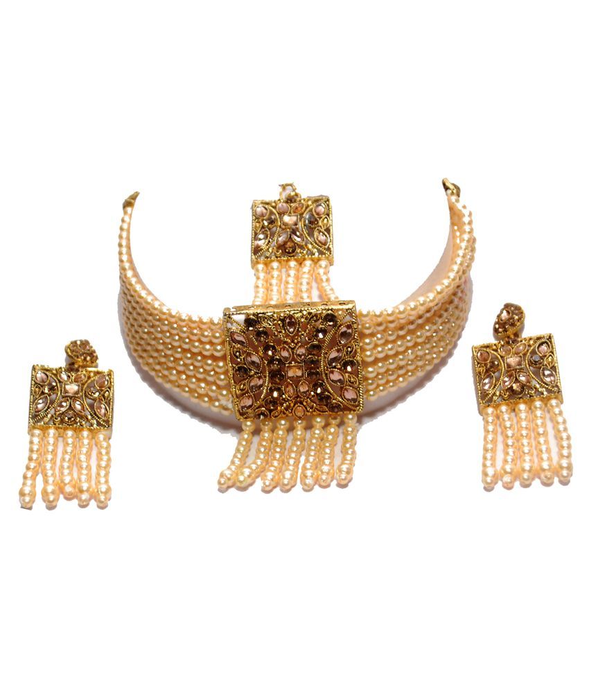 Choker Necklace Set Brass Golden Choker 