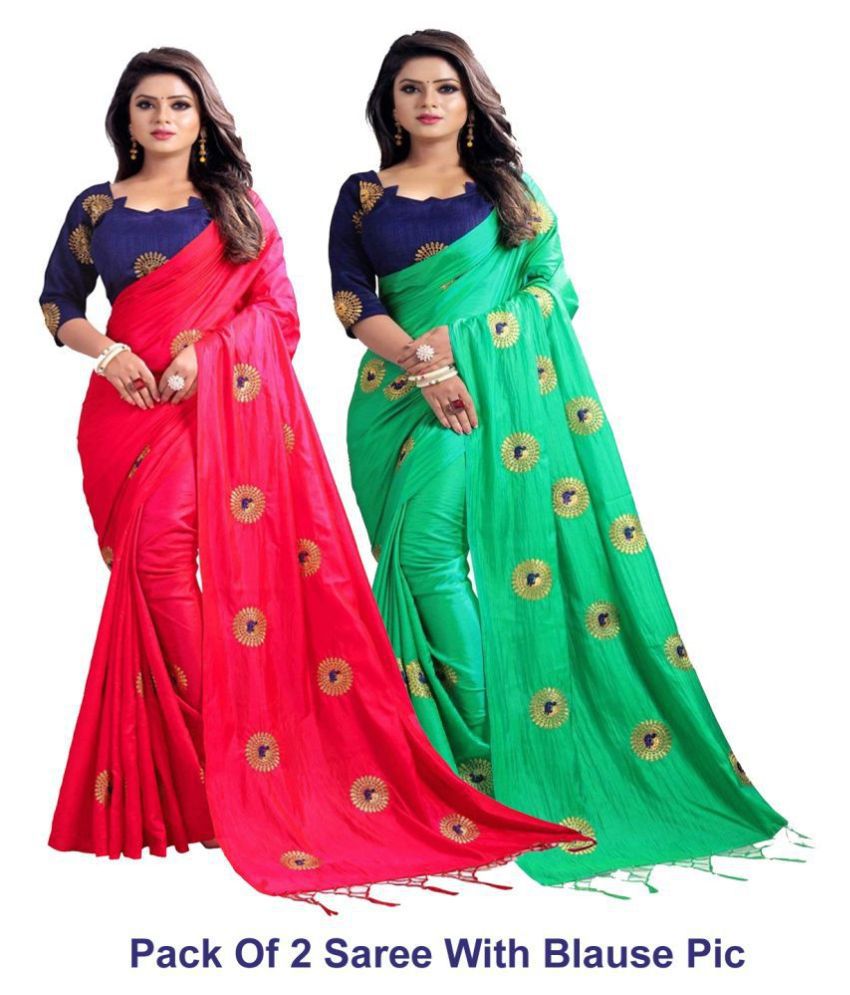 Offline selection Green and Red Sana Silk Embroidered Party Wear Saree With Blouse Piece Pack of 2