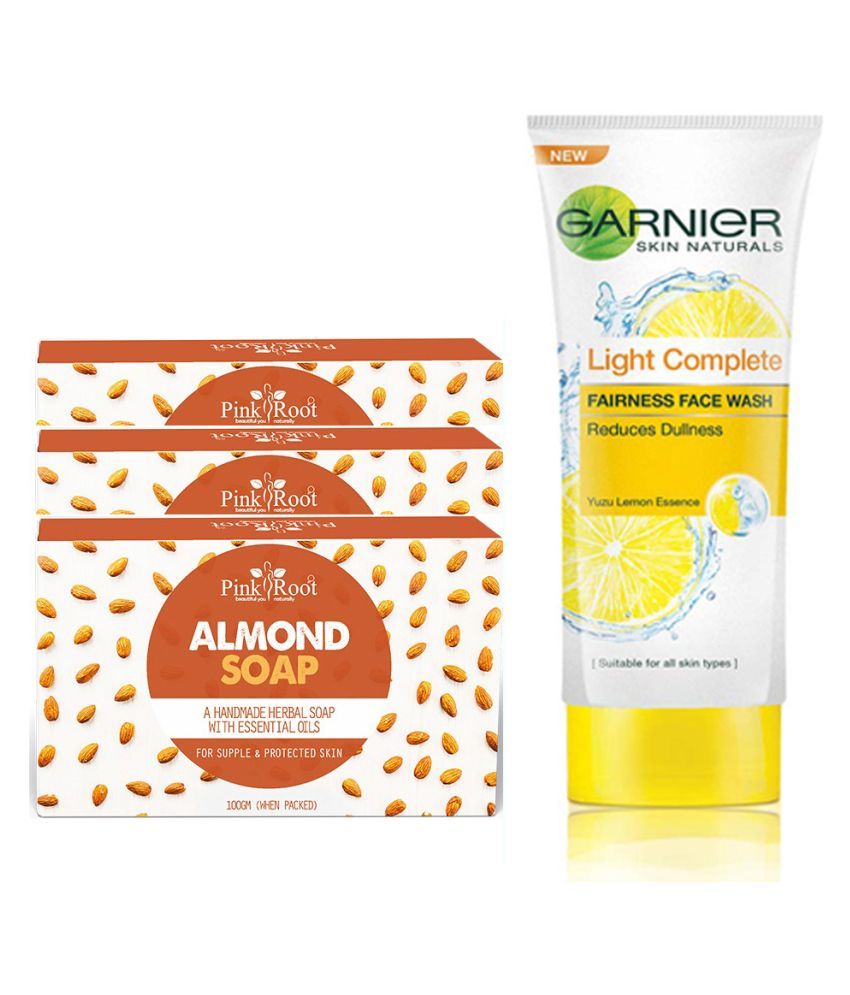 Pink Root Almond Soap Pack of 3 with Garnier Light Complete Face Wash
