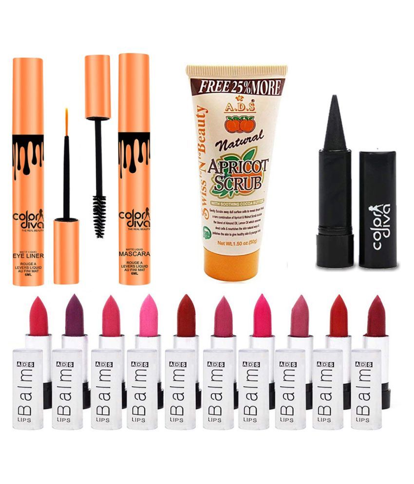 Adbeni Eyeliner & Mascara, Kajal, Lipsticks With Scrub, Pack of 14