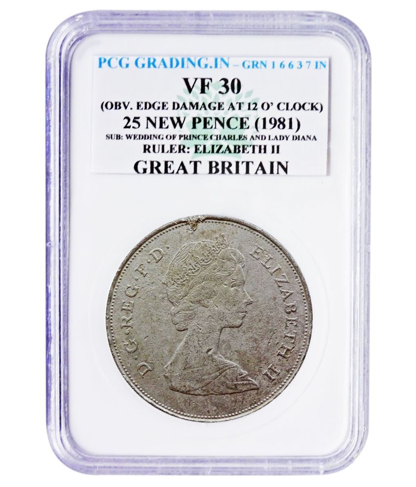     			(PCG Graded) 25 New Pence (1981) (OBV : Edge Damage at 12'O Clock) SUB : Wedding of Prince Charles and Lady Diana Ruler : Elizabeth II Great Britan PCG Graded 100% Original Coin