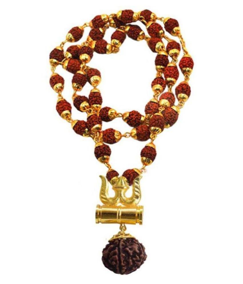     			Shri Astha Vinayak  Lord Shiva Rudraksha Trishul Damru Pendant in Panchmukhi Copper Cap Mala Brass Wood