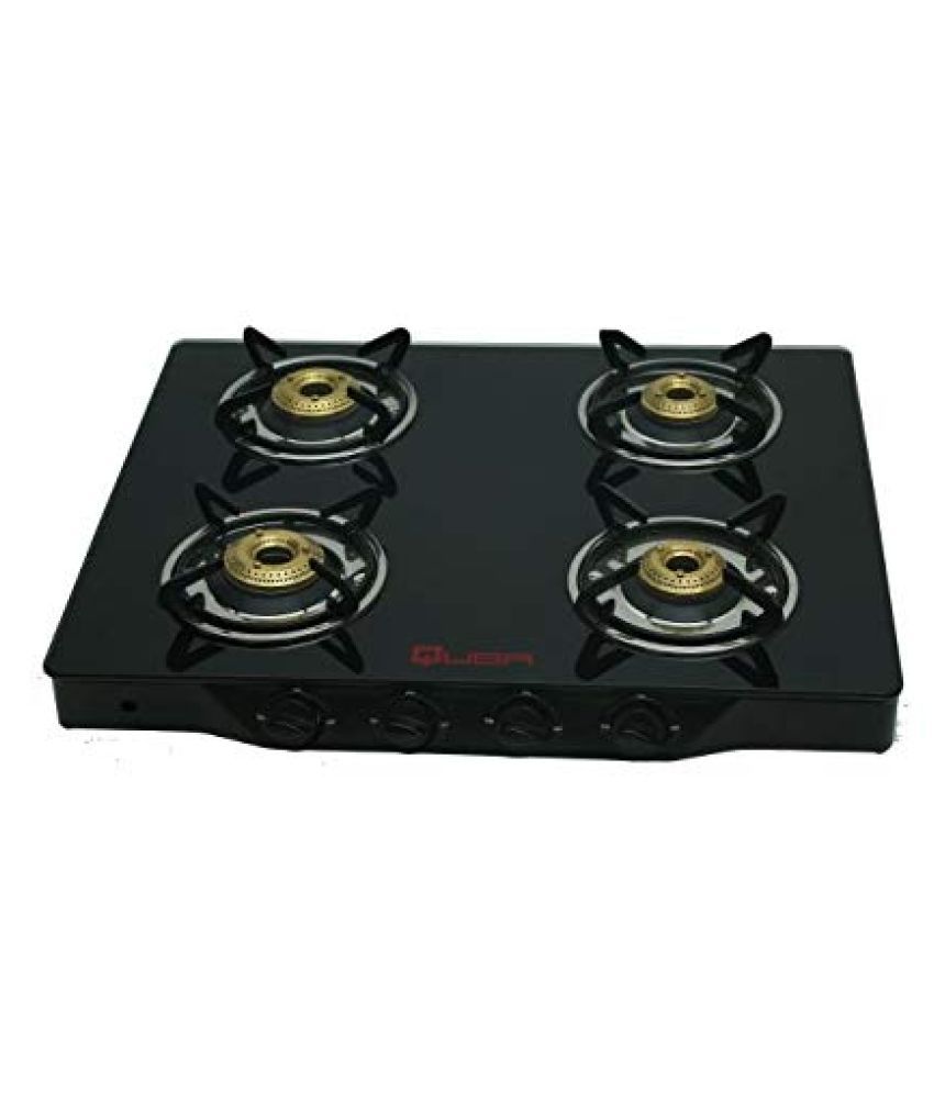 QUBA 4 Burners Black Powder Coated Mild Steel Body Gas Stove in Black Color Designer Glass Top