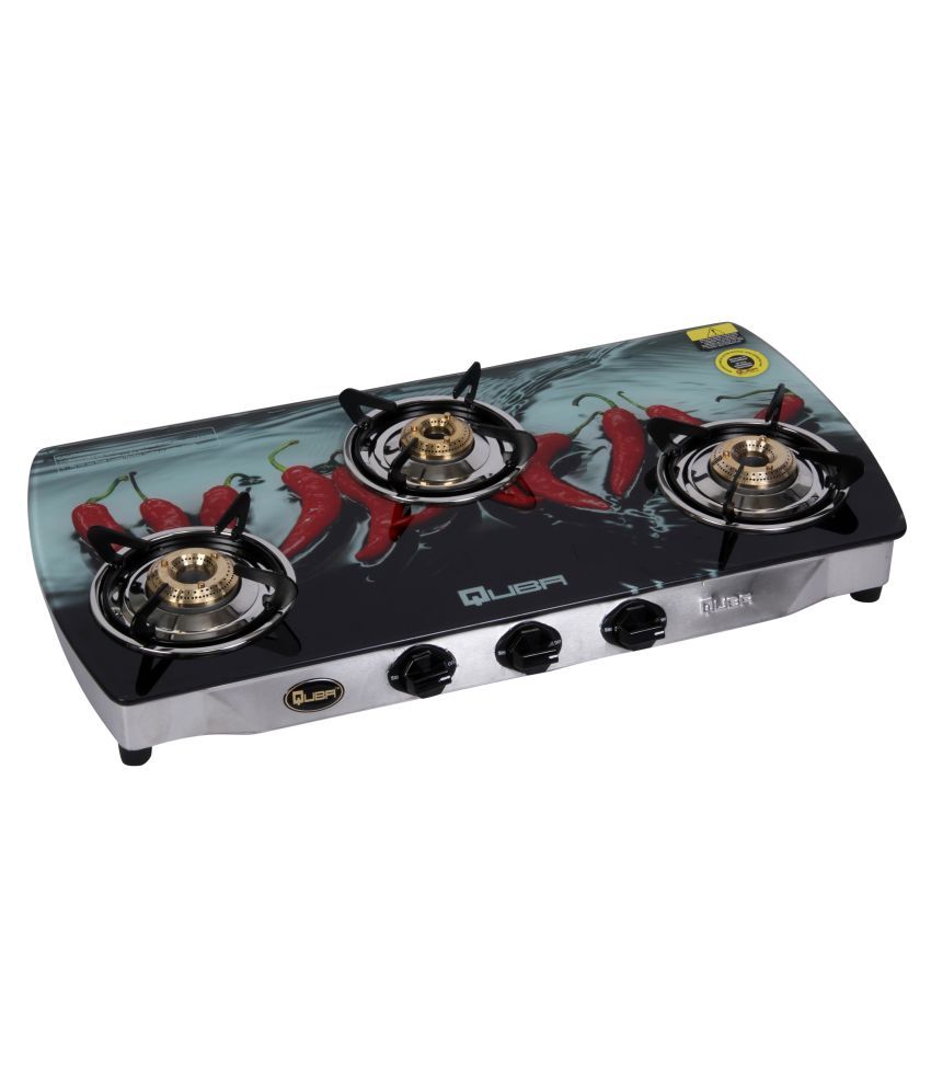QUBA 3 Burners Designer Colorful Arc Shaped Glass Top, Stainless Steel Body Gas Stove with 2