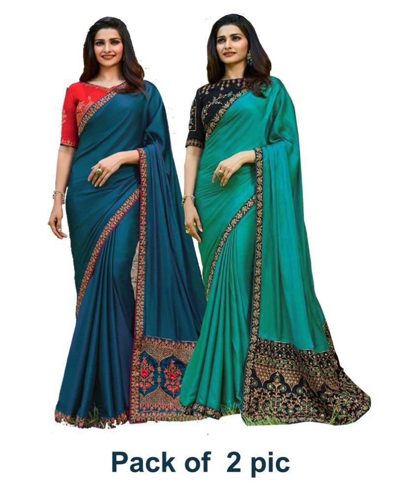 Offline selection Blue Green Red Silk Blend Embroidered Bridal Saree Pack of 2