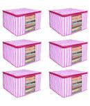 PrettyKrafts 3 layered Quilted saree Cover Bag/wardrobe organizer with transparent window (Pack of 6), Pink Stripes