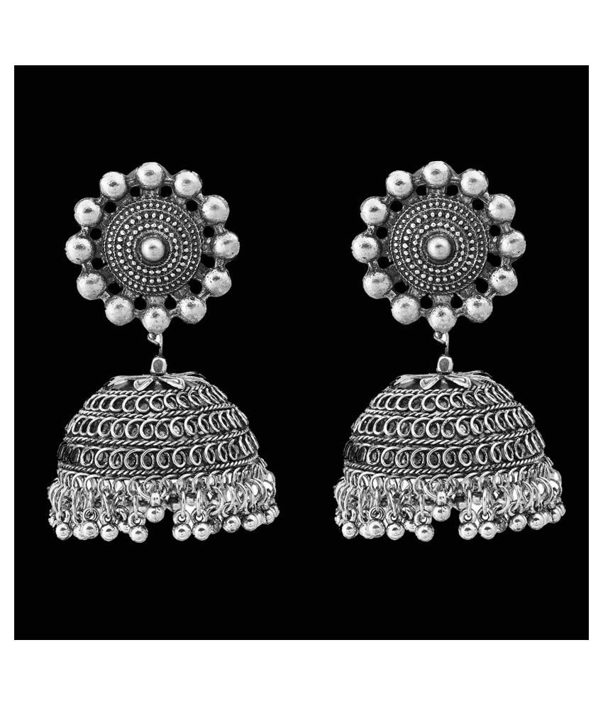     			Happy Stoning Oversized Latest & Trendy Designer Lightweight Traditional Oxidized Silver With Mirror Work Jhumka Earrings for Women and Girls/Oxidized Silver Jhumka Earring