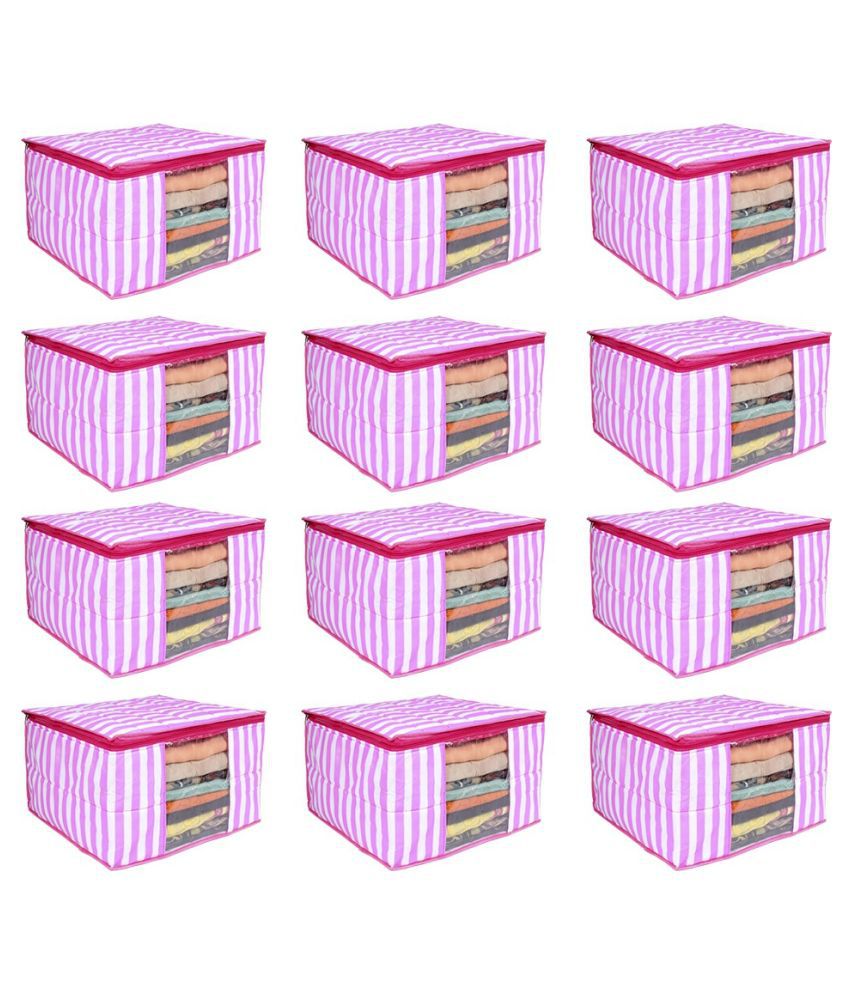     			PrettyKrafts 3 layered Quilted saree Cover Bag/wardrobe organizer with transparent window (Pack of 12), Pink Stripes