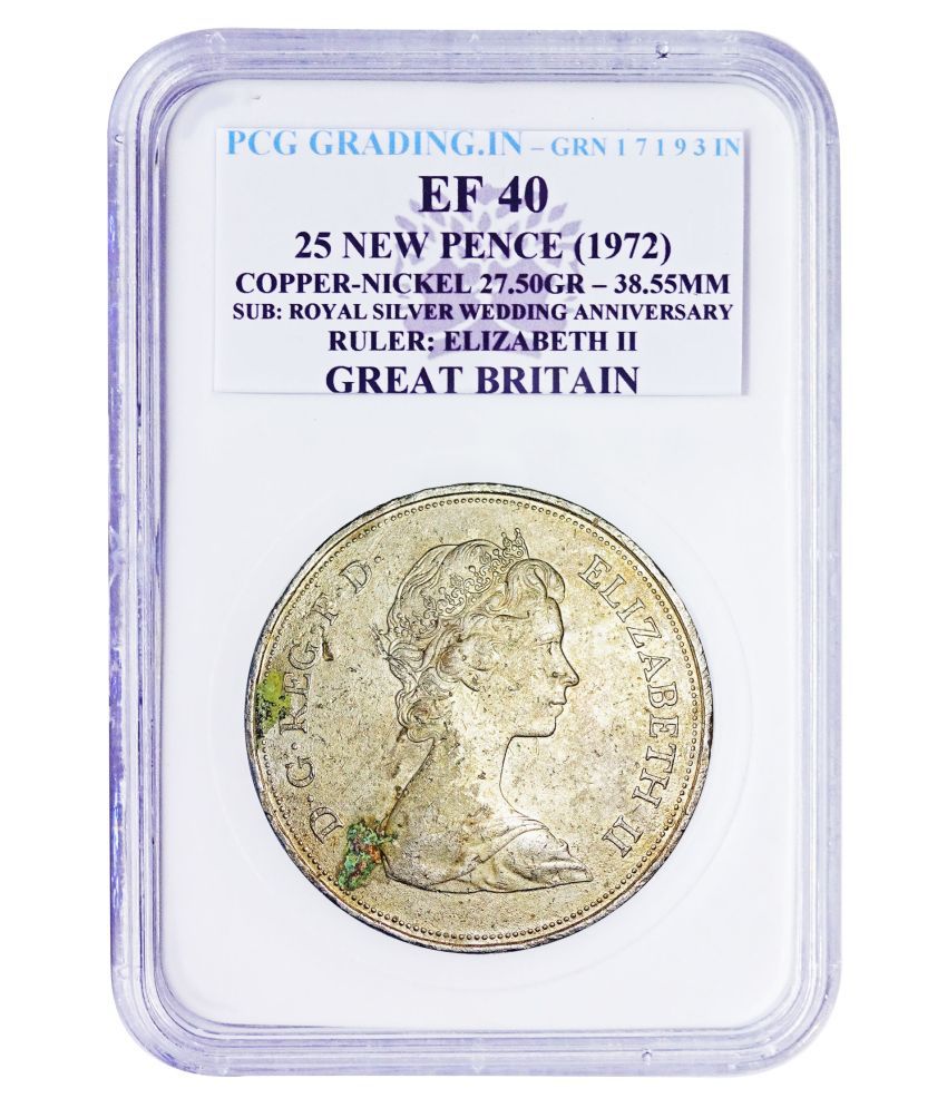     			( PCG Graded ) 25  New  Pence  ( 1972 ) Copper  Nickle - 27.50 Gr. Sub :  Royal  Silver  Wedding  Anniversary  Ruler : Elizabeth - II  Great  Britan  100%  Origianl  PCG  Graded  Coin