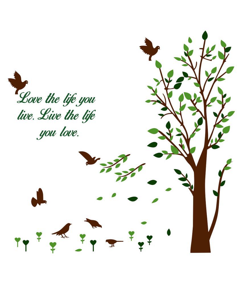     			Wallzone Green Tree with Birds Quotes Sticker ( 100 x 100 cms )