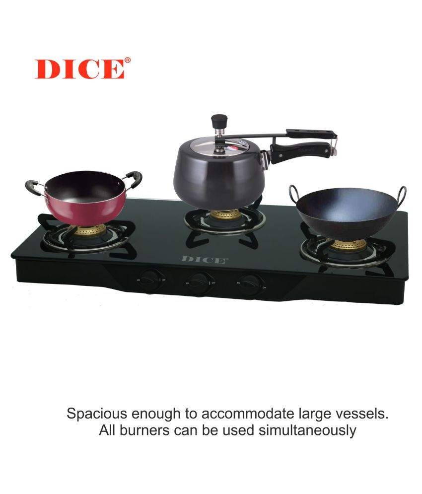 DICE 3 Burners Gas Stove Black Powder Coated Mild Steel Body in Black