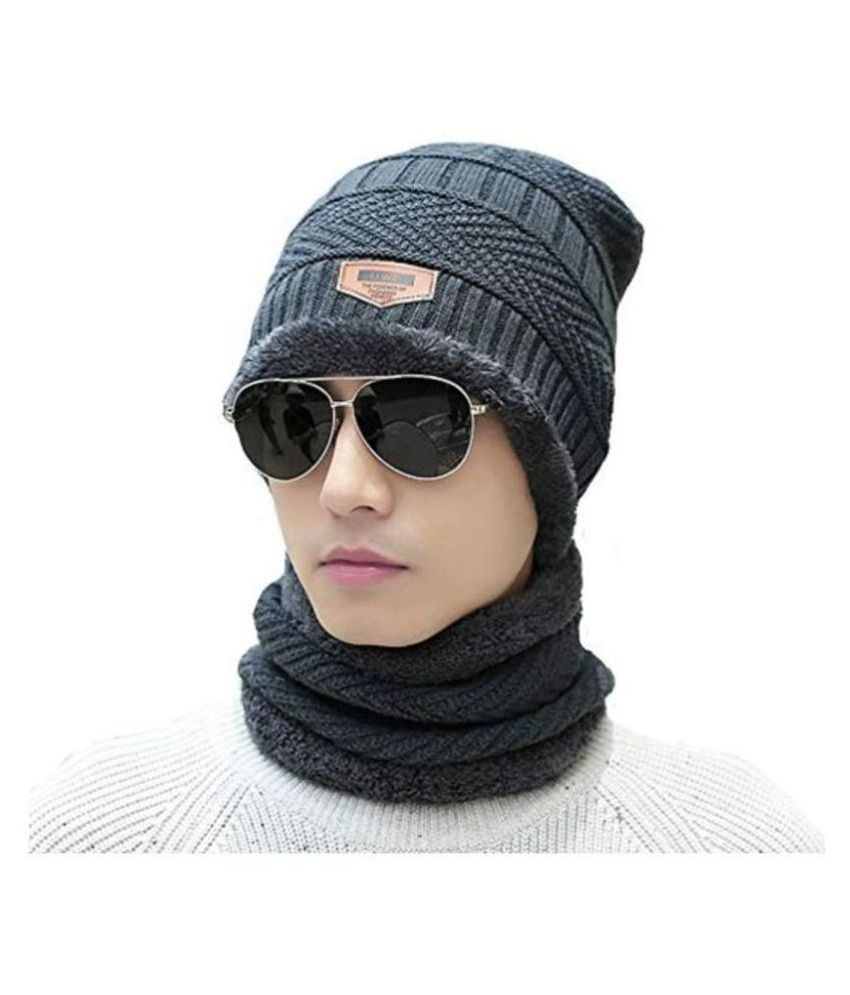     			Total Health Unisex Gray Woolen Beanie Cap Scarf Warm Snow Proof Premium High Quality Soft Cap With Neck Scarf