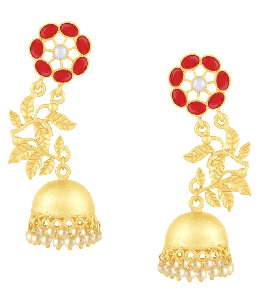     			Spargz Leaf Alloy Gold Plated Color Stone & Pearl Dangle Earring For Women TER_292