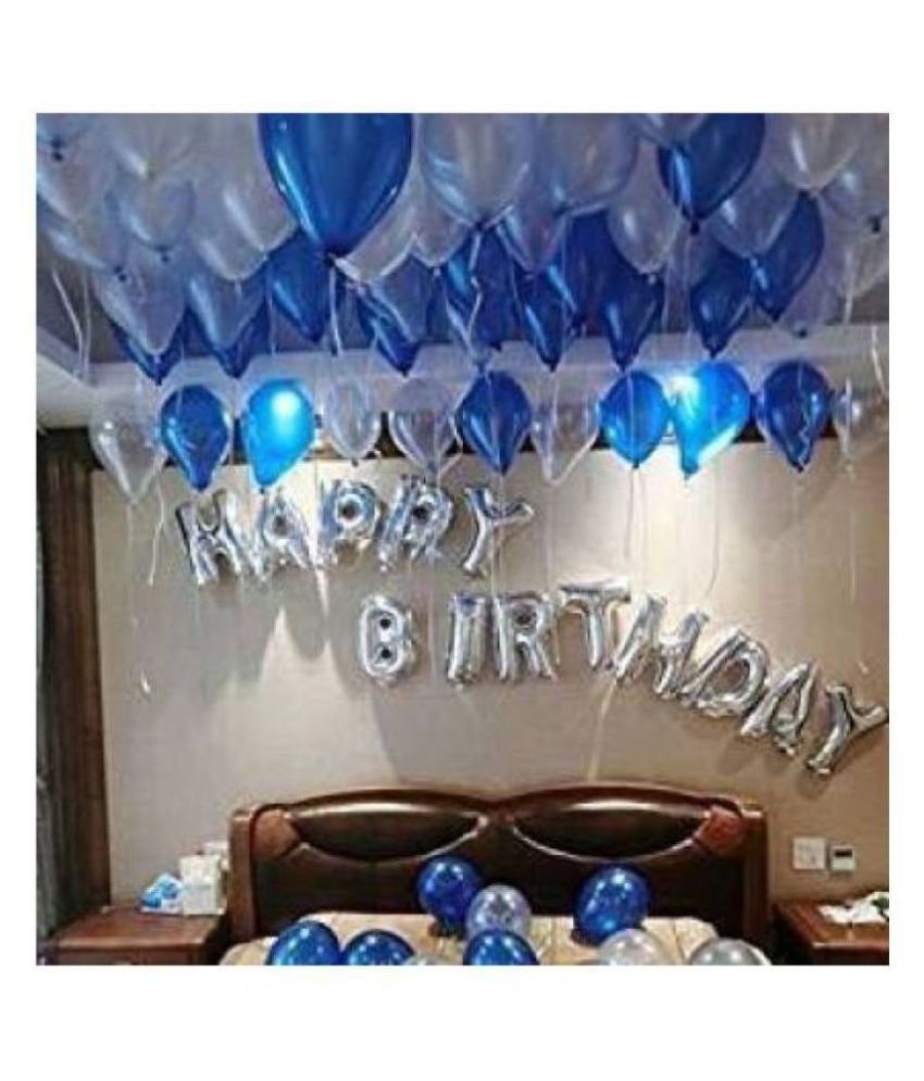     			Pixelfox Happy Birthday Letter Foil Silver Balloon (16 inch) + Pack of 30 Party Balloons (Blue and Silver) for Birthday Decoration for happy birthday decoration item. birthday balloon decoration combo for Boys, Girls, Kids, husband and Wife.