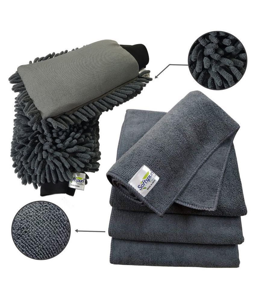     			SOFTSPUN Microfiber Chenille & Single-Side Gloves 1700 GSM  with Towel 340 GSM, 6 Piece Combo Grey, Multi-Purpose Super Absorbent and Perfect Wash Clean with Lint-Scratch Free Car, Dusting!