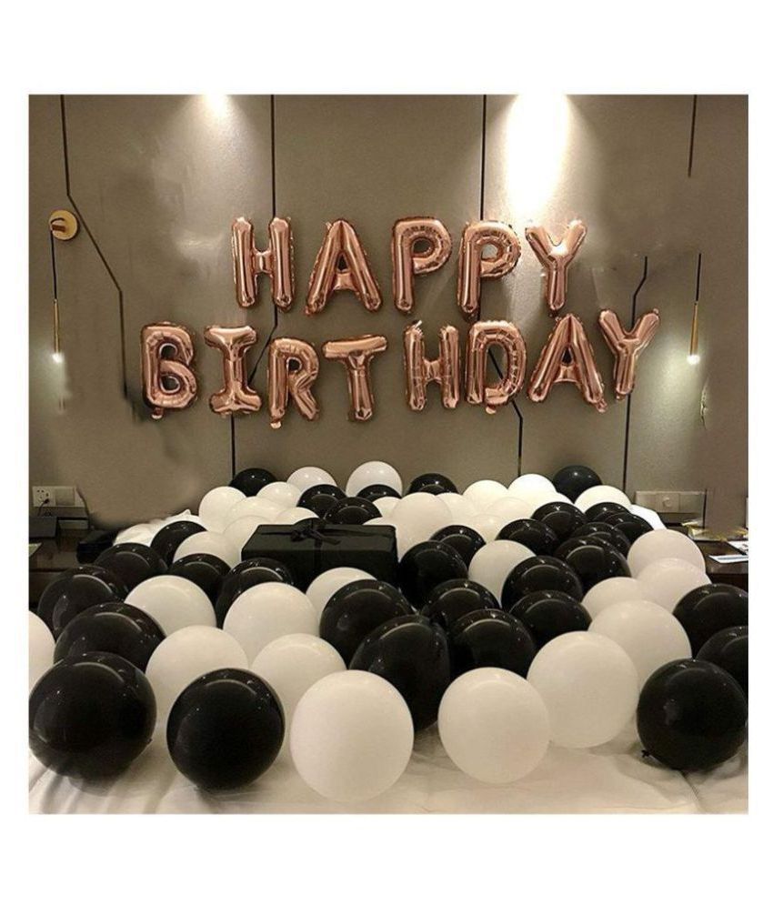     			Pixelfox Happy Birthday Letter Foil Balloon Set of Rose Gold+HD Metallic Balloons (Black and White) Pack of 30pcs for Birthday Party