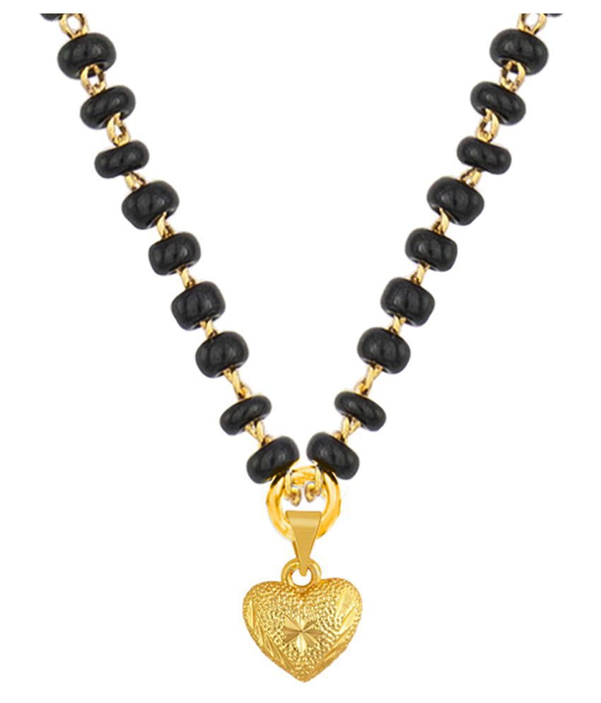     			Fashionable Mangalsutra Gold Plated Center Floral Heart Pendant With Black Beaded Golden Chain