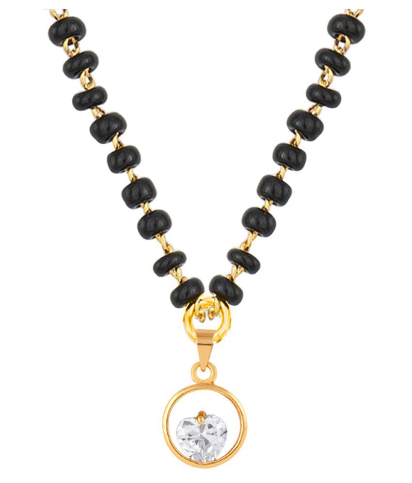     			Fashionable Mangalsutra Gold Plated Cubic Zircon Center Heart Solitaire Pendant With Black Beaded Golden Chain