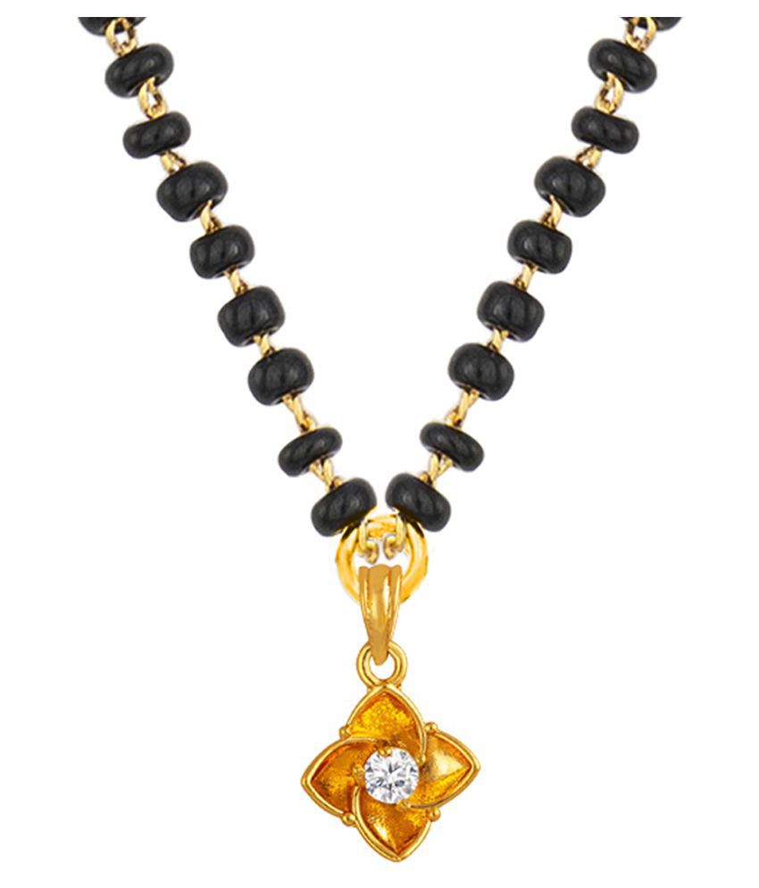     			Fashionable Mangalsutra Gold Plated Cubic Zircon Floral Center Solitaire Pendant With Black Beaded Golden Chain