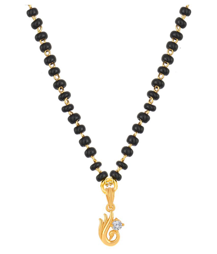     			Fashionable Mangalsutra Gold Plated Cubic Zircon Peacock Pendant With Black Beaded Golden Chain