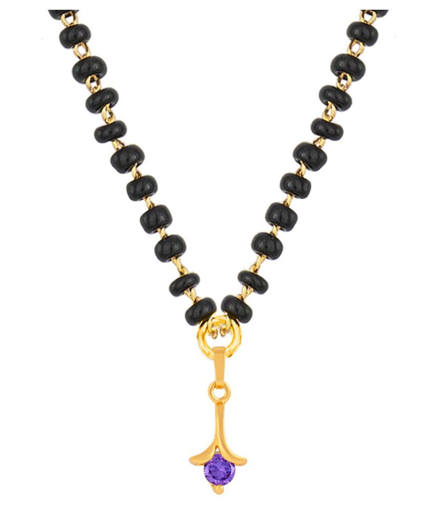     			Fashionable Mangalsutra Gold Plated Cubic Zircon Purple Solitaire Pendant With Black Beaded Golden Chain