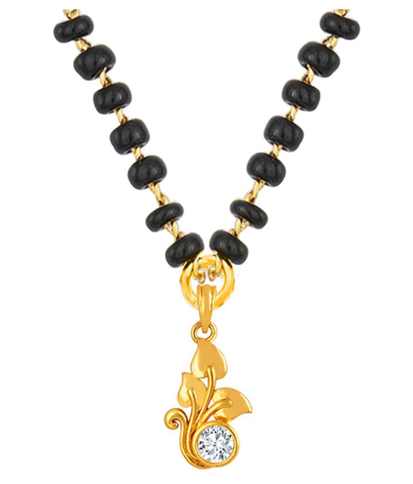     			Fashionable Mangalsutra Gold Plated Cubic Zircon Leafy Solitaire Pendant With Black Beaded Golden Chain