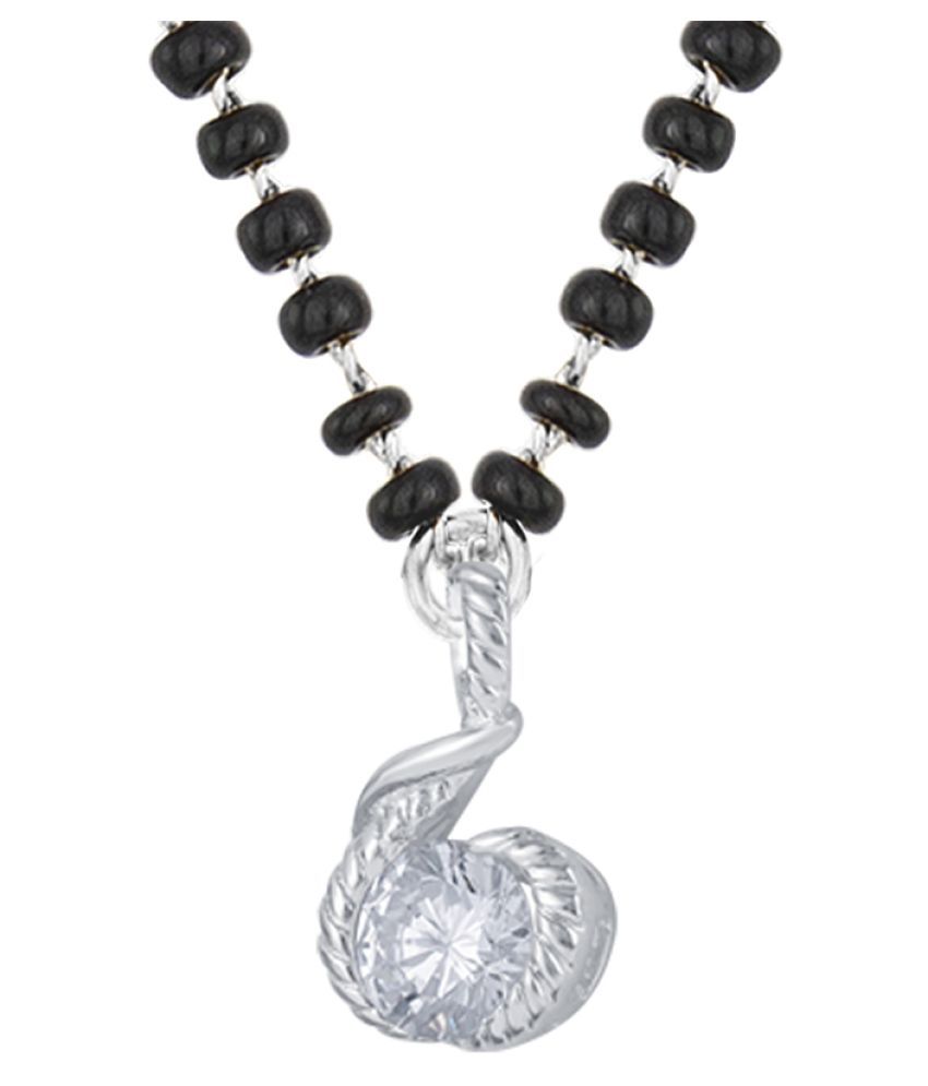     			Fashionable Mangalsutra Silver Plated Cubic Zircon Curve Shape Solitaire Pendant and Black Beaded Chain