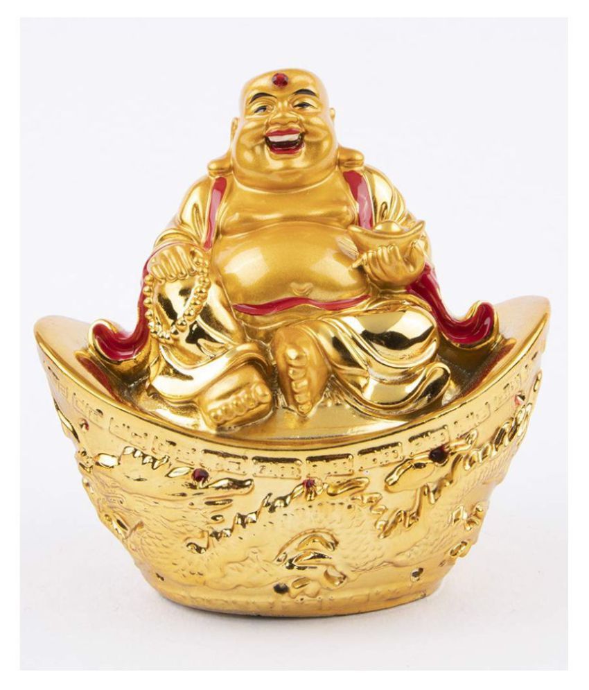 Bro Mart Laughing Buddha Sitting on Luck Money Coins Carrying Golden Ingot for Good Luck & Happiness Made in India 5 Inches - Home Deocration Gifting 