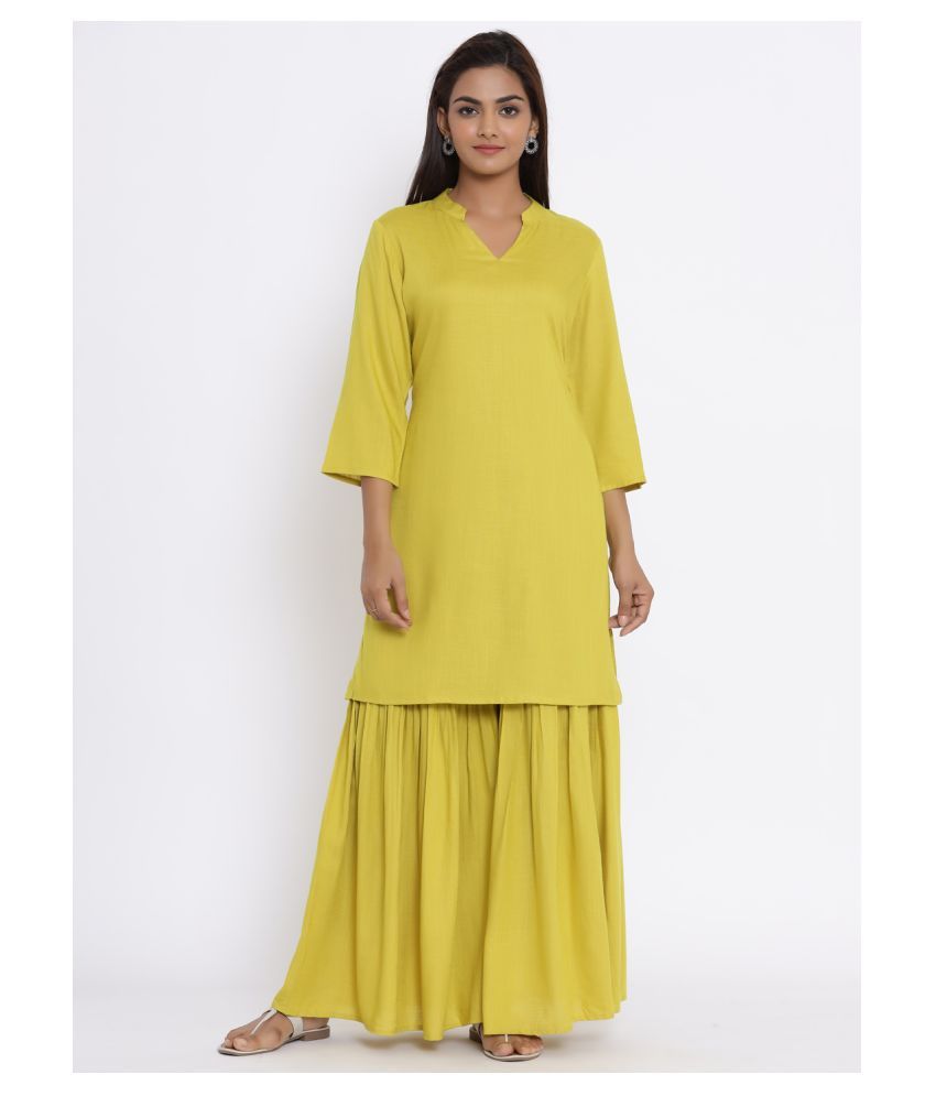     			miravan Rayon Kurti With Sharara And Gharara - Stitched Suit