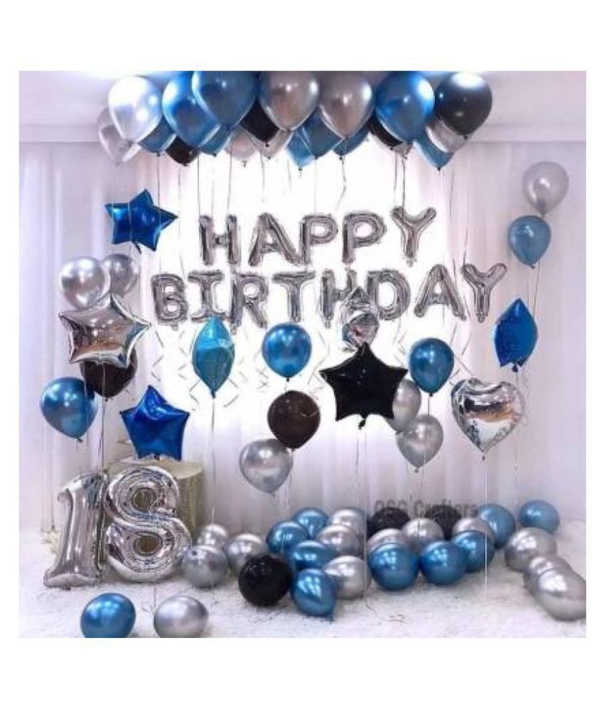    			Happy Birthday Foil Balloons (Silver) & Pack of 30 Party Decorations Balloons (Blue, Black & Silver)