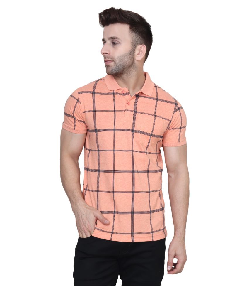     			xohy Cotton Blend Orange Checks Polo T Shirt