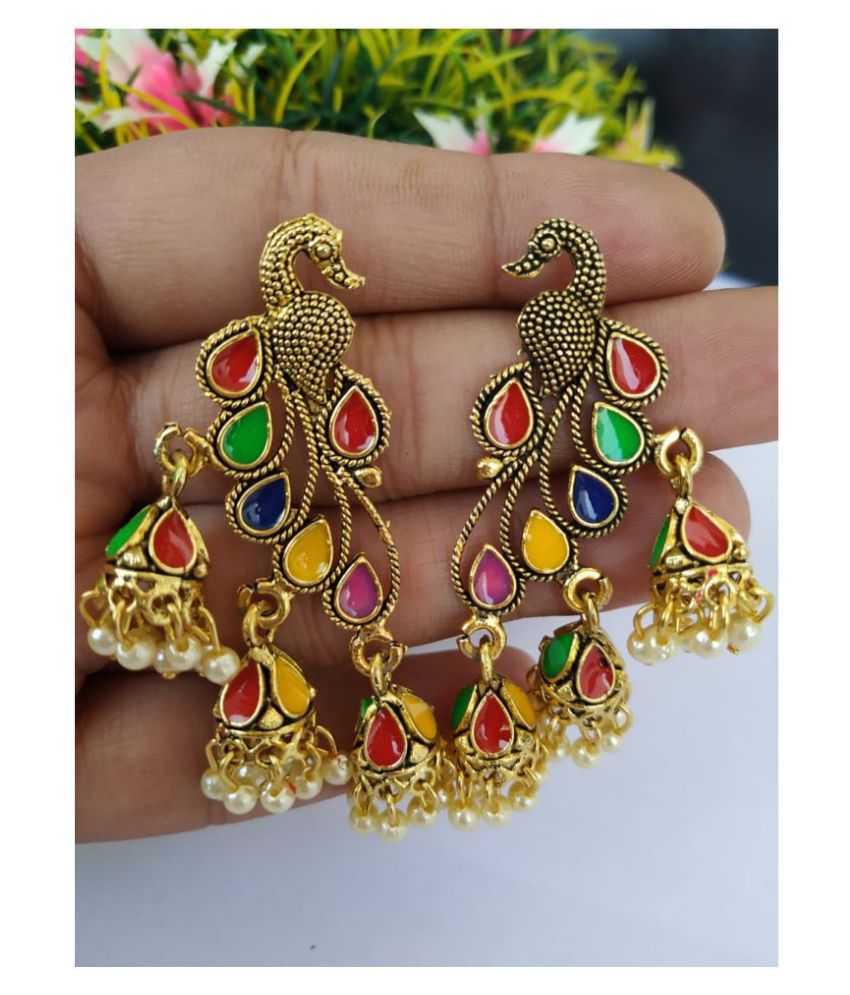     			Peacock Inspired Stylish Afgani Tribal Gold Plated Multicolor Earrings