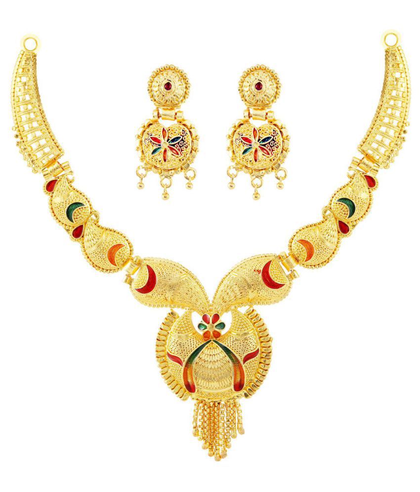     			shankhraj mall Brass Golden Traditional Necklaces Set Princess