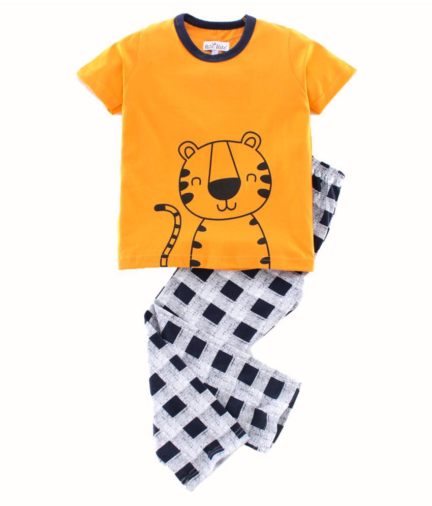 NITE FLITE Boys' Tiger Safari Cotton Nightwear | Top and Pyjama Set (Mustard & Navy Blue,2)