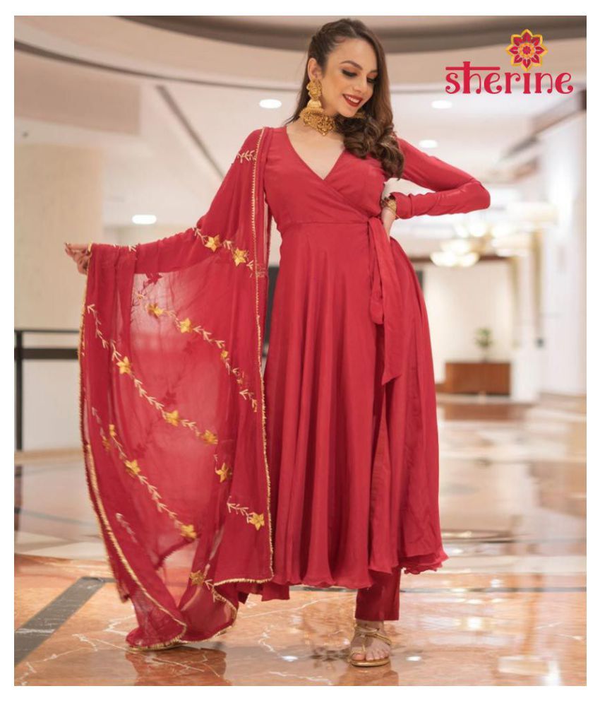 Red Cotton Anarkali Kurti with Pant 